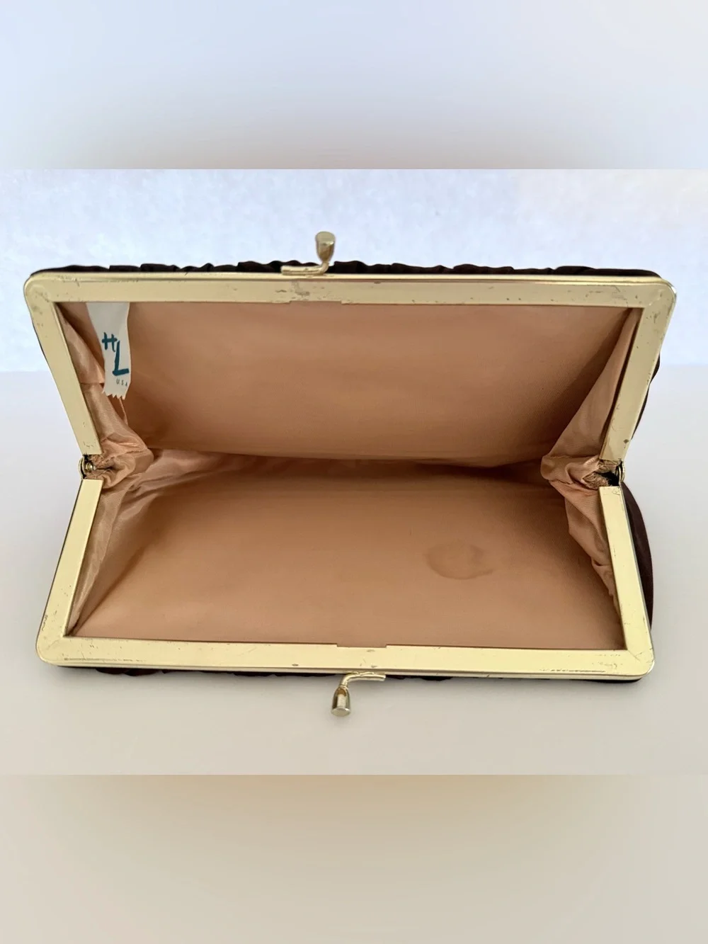 Vintage HL USA Chocolate Brown Satin Evening Bag Clutch Chain Purse